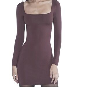 Babaton Contour Long Sleeve Mini Dress Espresso Brown Square Neck Bodycon Small